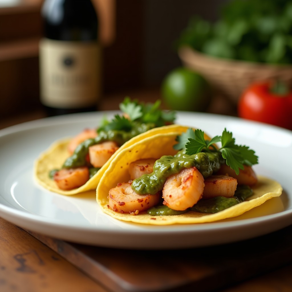 Tacos de camarón al ajillo en airfryer con mojo verde canario, servidos en tortillas de maíz azules con lechuga morada, aguacate y queso fresco desmenuzado, sobre una tabla de madera rústica.