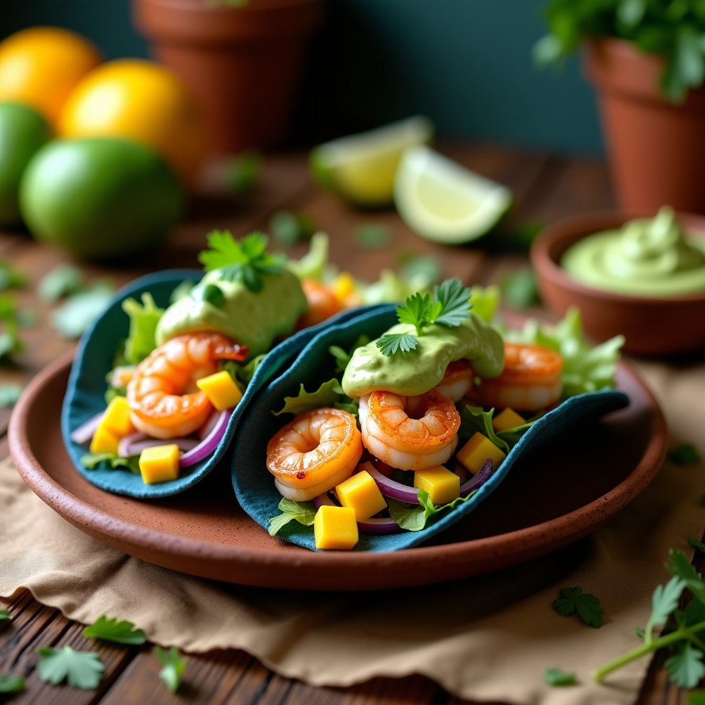 Tacos de maíz azul rellenos de camarones al ajillo dorados, mango verde en cubos, cebolla morada, lechuga y crema de aguacate verde brillante, servidos en un plato de barro rústico con decoración de cilantro fresco.