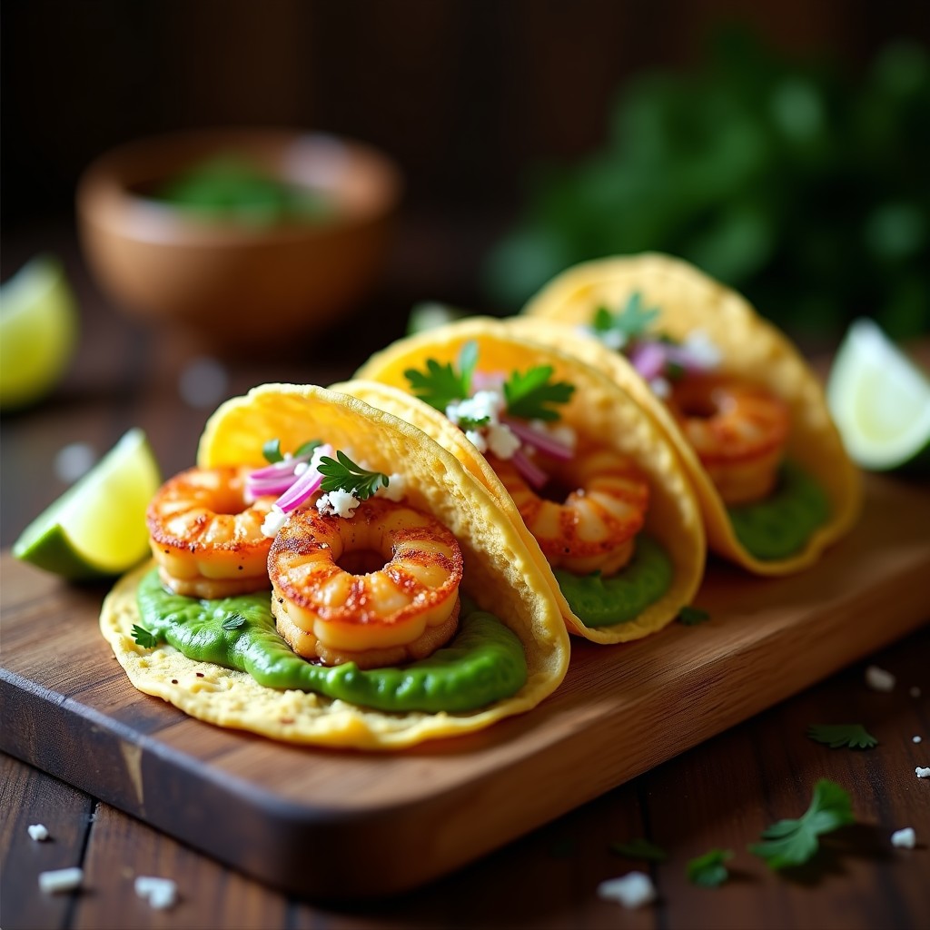 Plato de tacos de maíz rellenos de camarones al ajillo dorados, puré de chícharos cremoso, cebolla morada y queso fresco desmenuzado, servidos sobre una tabla de madera rústica con limones y perejil fresco.
