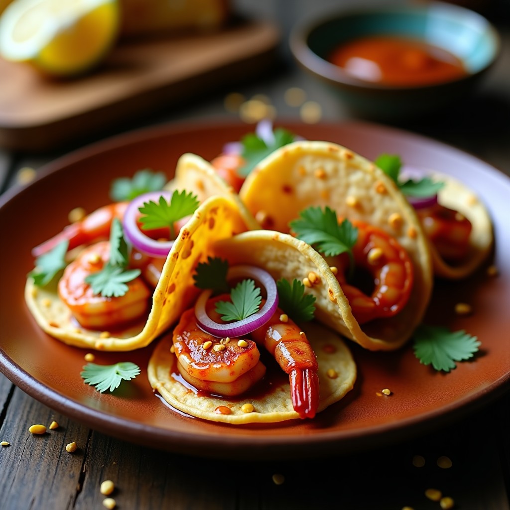 Plato con tacos de camarón al ajonjolí con miel y chipotle, servidos en tortillas de maíz con cebolla morada y cilantro fresco.