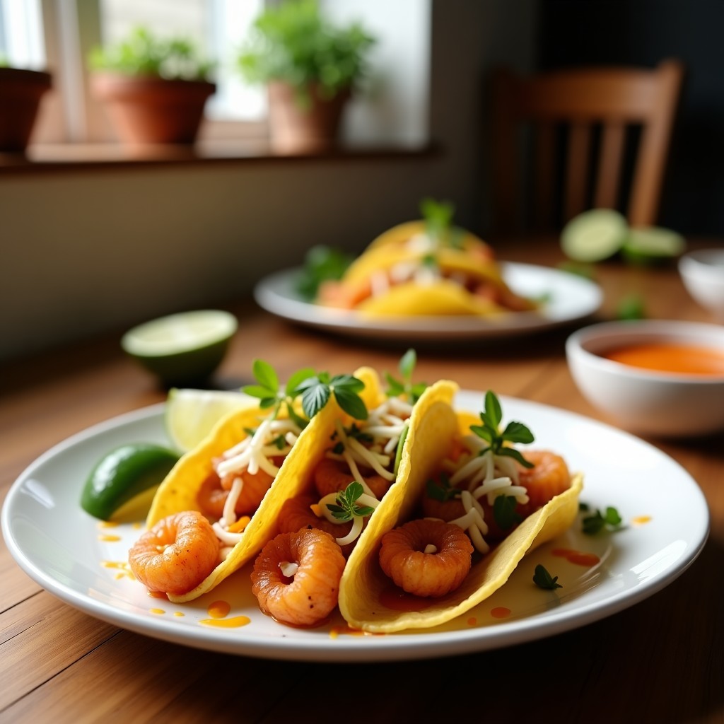 Plato de tacos de camarón encurtido con lima en tortillas de maíz, acompañados de aguacate, crema agria y cilantro fresco, receta crujiente en airfryer.