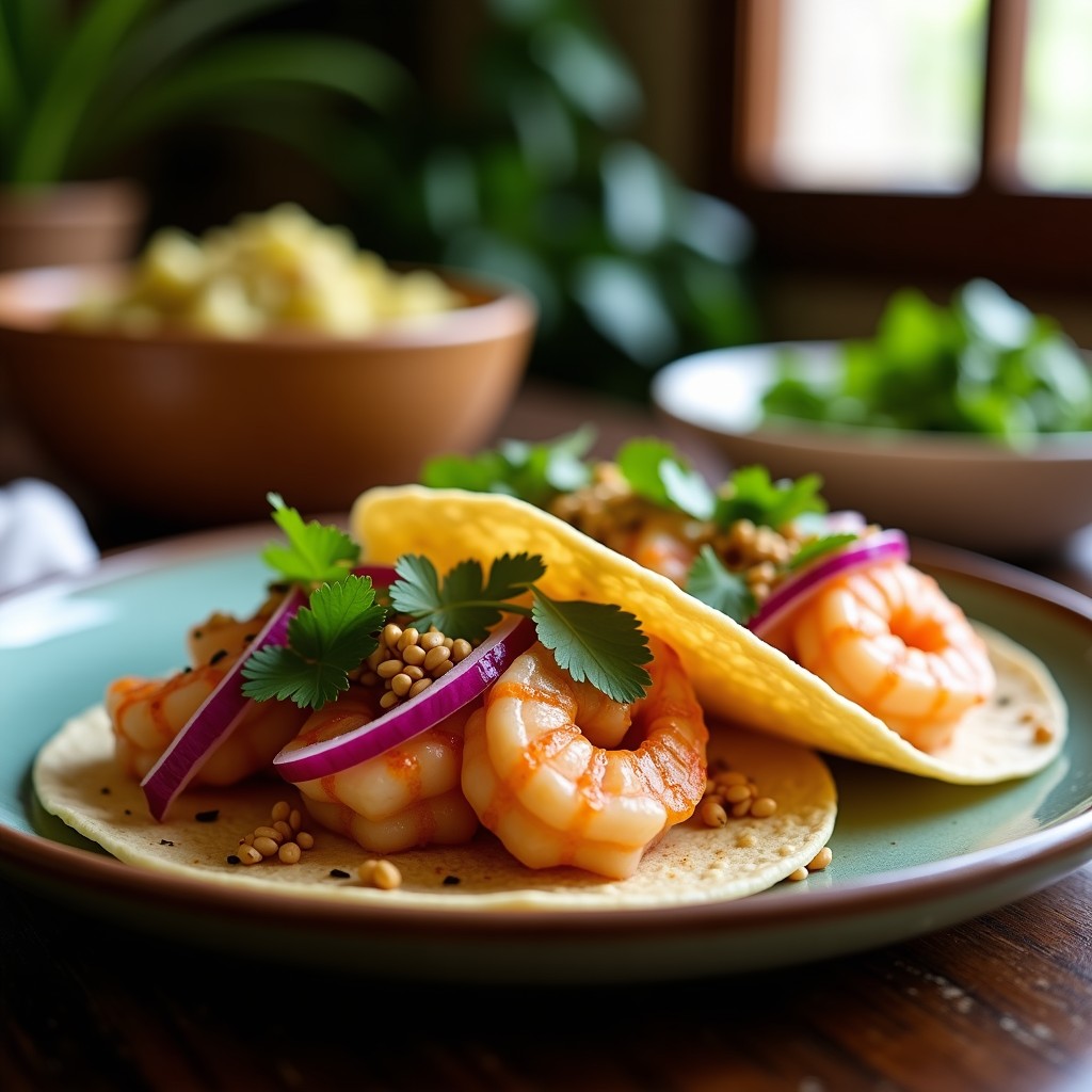 Tacos de camarón encurtido con salsa de piña y cilantro en tortillas de almendra, decorados con cebolla morada, semillas de sésamo y hojas de cilantro fresco, servidos en un plato de barro rústico con fondo de madera oscura.