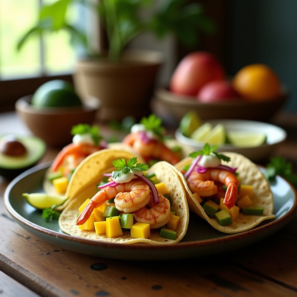 Plato con tacos de camarón abiertos, rellenos de camarones salteados, encurtidos de mango verde y cebolla morada, aguacate en cubos y crema agria, sobre una mesa rústica de madera con limones y cilantro fresco.
