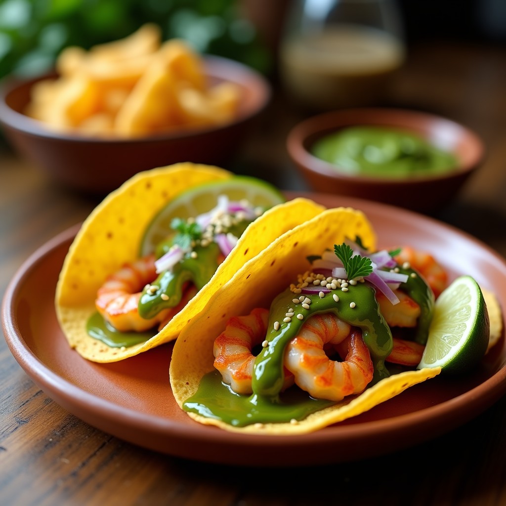 Tacos de maíz dorados rellenos de camarones crujientes bañados en mole verde cremoso, acompañados de cebolla morada y aguacate en rodajas sobre un plato de barro rústico.