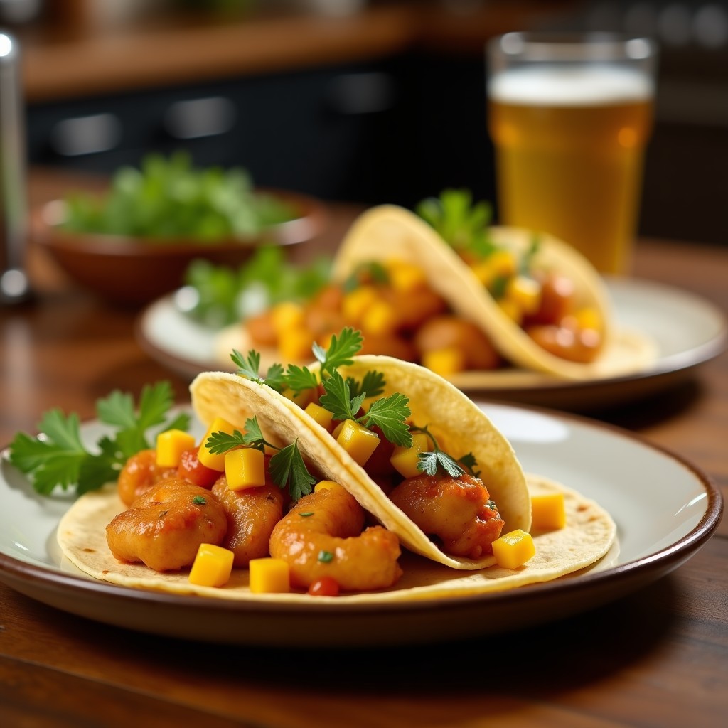 Tacos de camarón al Moor dorados en Airfryer, con salsa de mango y jalapeño, servidos en tortillas de maíz con lechuga morada y crema ácida. Plato vibrante con colores amarillos, verdes y morados.