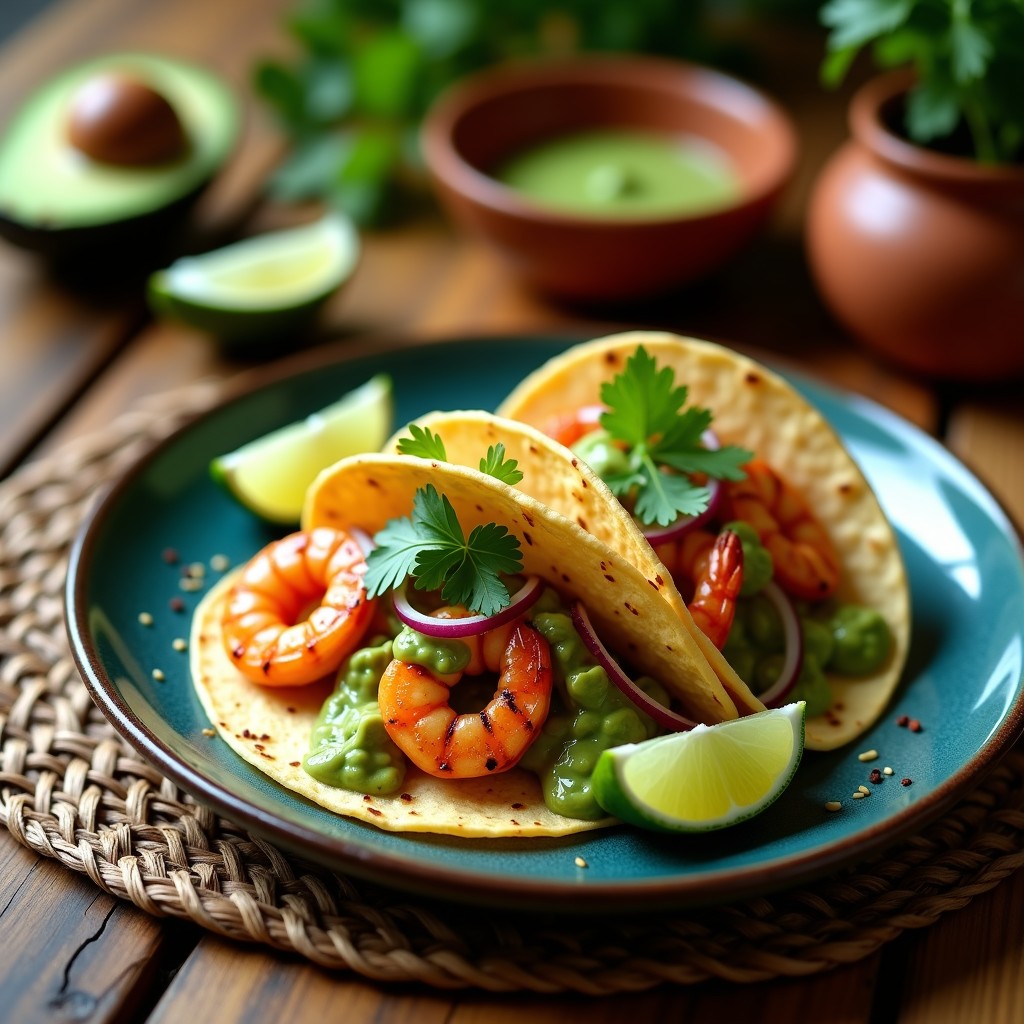 Tacos de camarón dorado sobre tortillas de maíz azules, cubiertos con cremoso aguacate y salsa vibrante de maracuyá amarilla, decorados con cebolla morada y cilantro fresco. Plato colorido y apetitoso de receta mexicana alta en proteína.