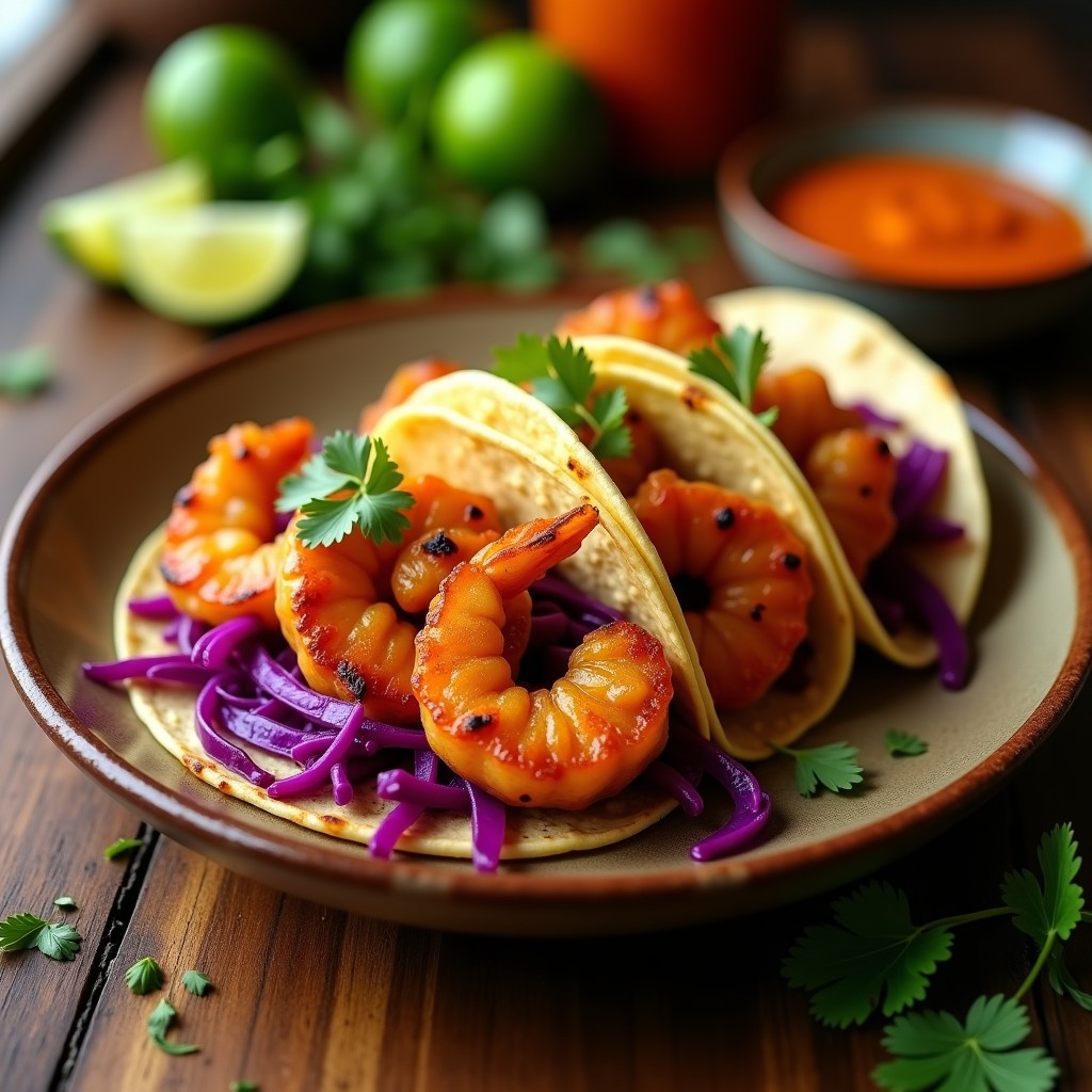 Tacos de camarones ahumados crujientes en tortillas de maíz, bañados con salsa de piña habanera de color naranja vibrante, acompañados de lechuga morada y cilantro fresco, servidos en un plato de barro rústico.