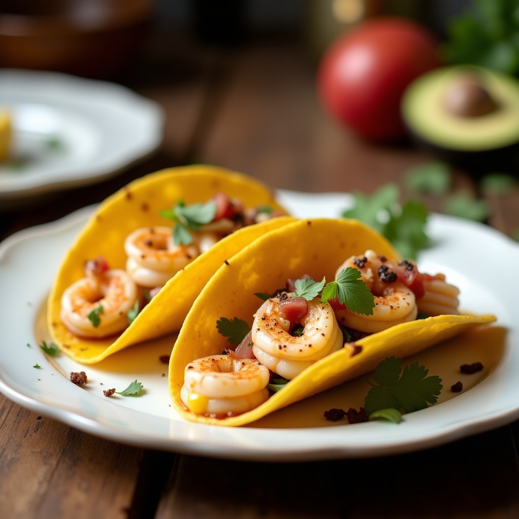 Plato de tacos de maíz azul rellenos de camarones dorados y crujientes, bañados en una salsa cremosa de mango y leche de coco, decorados con cilantro fresco y rodajas de limón. Receta tailandesa-mexicana en airfryer con fondo rústico de madera.