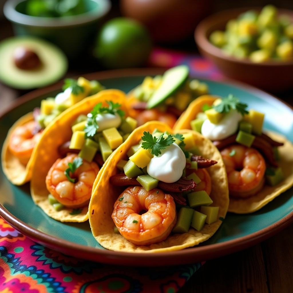 Plato con tacos de camarones al ajillo y mango verde sobre tortillas de maíz, acompañados de salsa verde fresca, rodajas de aguacate y crema ácida, con fondo de cocina tradicional mexicana.