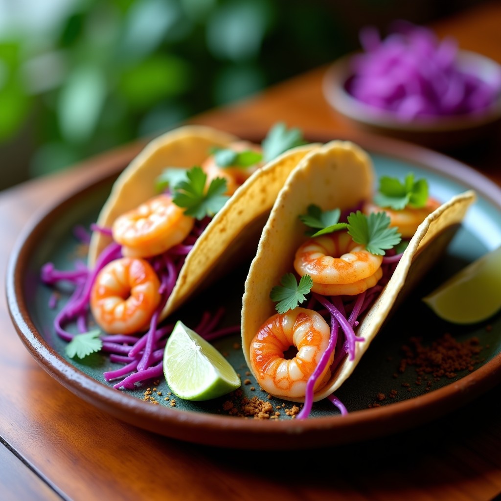 Tacos de Camarones al Ajillo y Repollo Morado: Receta Mexicana Gourmet en 15 Minutos