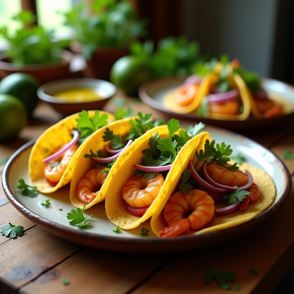 Plato de tacos de camarones al ajillo con vinagreta de lima, servidos en tortillas de maíz doradas, rellenos de camarones jugosos, lechuga morada, cebolla juliana y decorados con cilantro fresco y rodajas de lima. Receta peruana rápida y colorida.