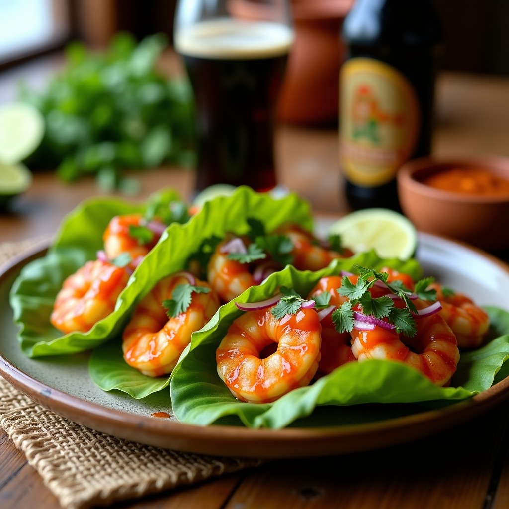 Plato de tacos de camarón en cerveza con salsa de chipotle y mango, servidos en tortillas de lechuga, decorados con cebolla morada y cilantro fresco, sobre un fondo rústico de madera con limones y cerveza oscura al lado.