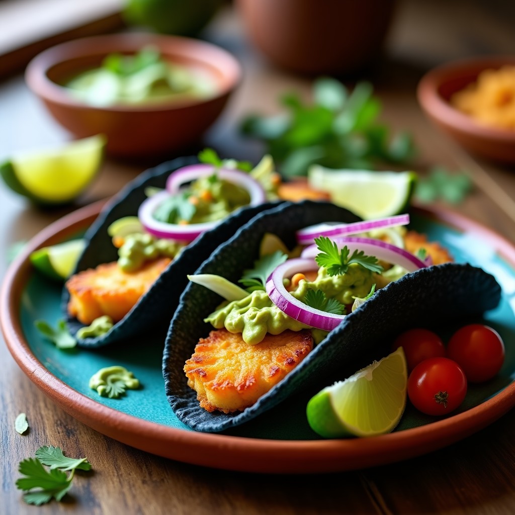 Tacos mexicanos veganos de camarones de chayote dorados y crujientes, servidos en tortillas de maíz azules con crema de aguacate verde, cebolla morada, lechuga fresca y jitomates cherry, sobre un plato de barro rústico con fondo de madera.