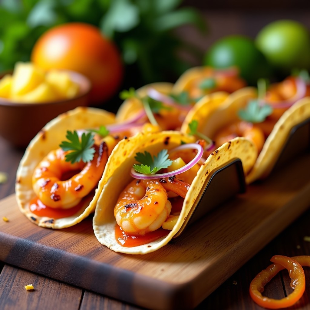 Tacos de maíz azules rellenos de camarones al chipotle caramelizados, piña dorada, cebolla morada y salsa de mango habanero vibrante, servidos en un plato de barro con fondo rústico.