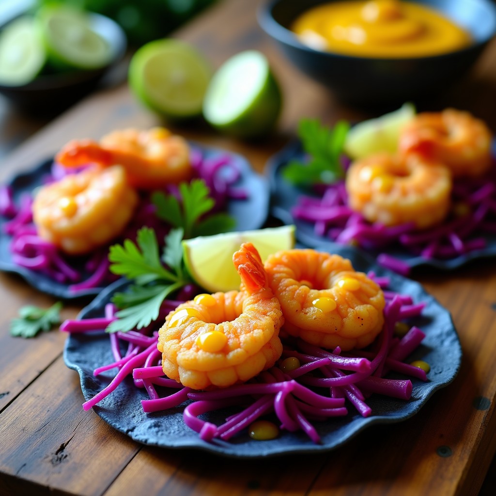 Tacos de camarones dorados y crujientes en tortillas de maíz, rellenos de col morada encurtida de color vibrante, salsa de maracuyá brillante y hojas de cilantro fresco. Plato típico peruano preparado en airfryer, con texturas contrastantes y colores llamativos.