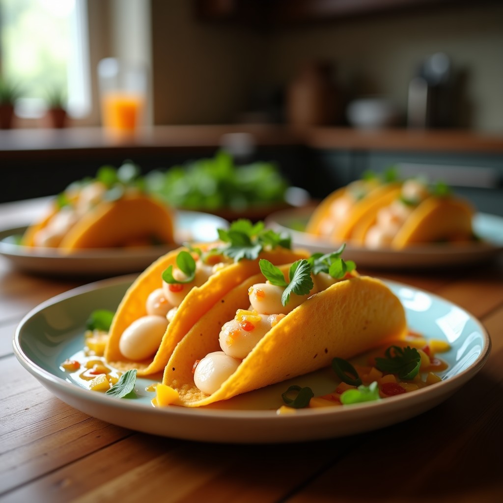 Tacos de camarón crujiente con salsa cremosa de mango y habanero, servidos en una mesa de madera con decoración tropical