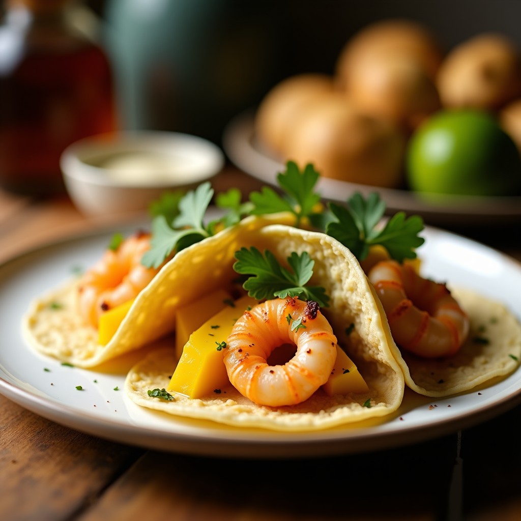 Tacos keto de camarones dorados en airfryer con cubos de mango fresco, cebolla morada y aderezo de limón y cilantro sobre hojas de lechuga romana, servidos en un plato de madera rústico.