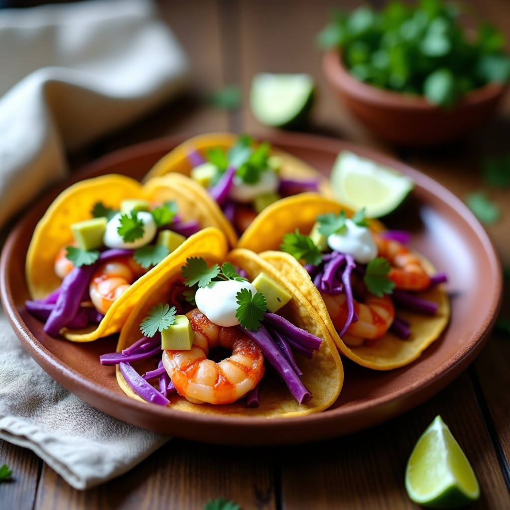 Tacos de maíz rellenos de camarones rosados marinados en limón y ajo, acompañados de repollo morado, aguacate en cubos y crema agria, sobre un plato de barro rústico con rodajas de limón al lado.