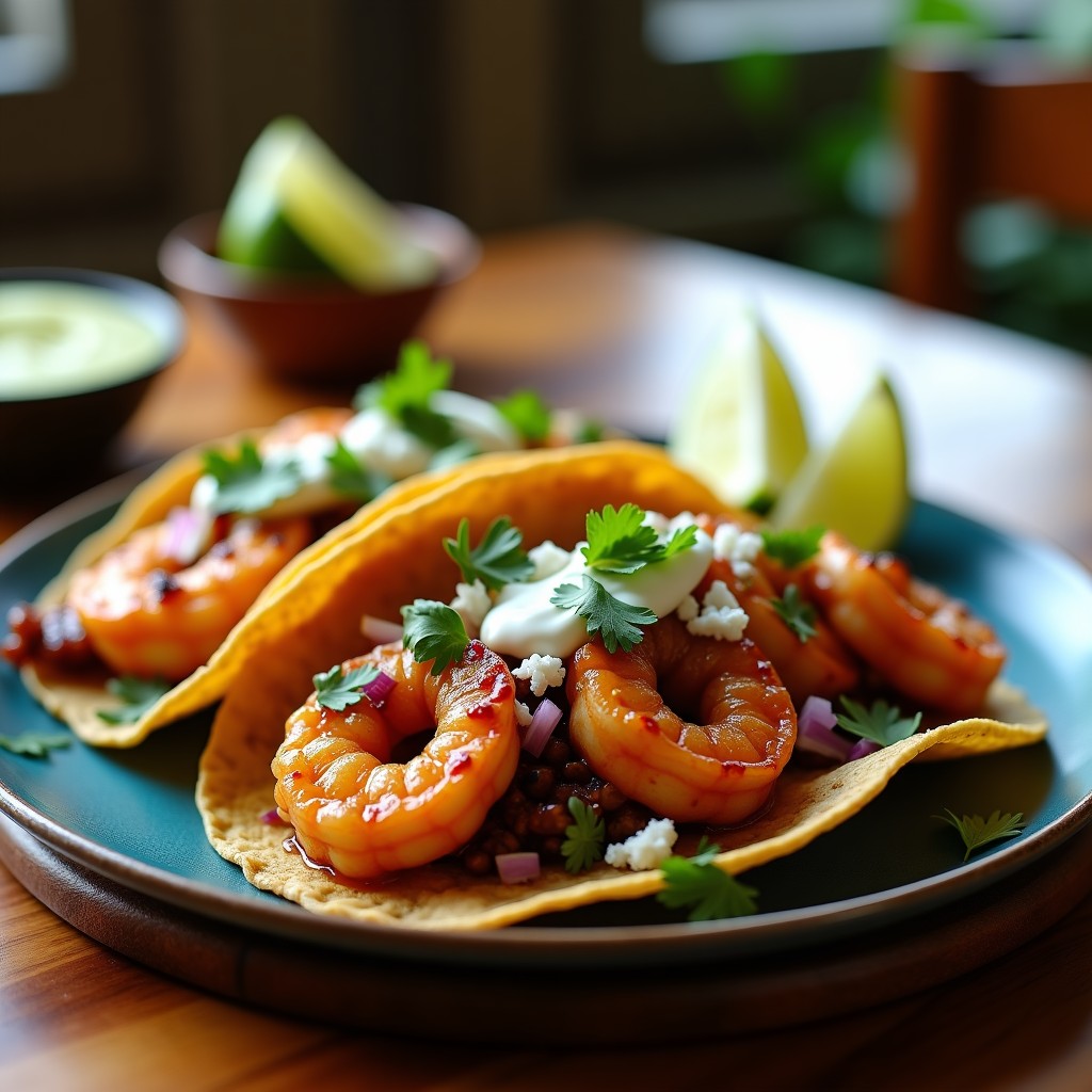 Tacos de camarones dorados en airfryer con salsa de chile pasilla oscura, mojo de ajo dorado, cebolla morada, cilantro fresco y queso desmenuzado sobre tortillas de maíz azules. Plato tradicional mexicano con textura crujiente y colores vibrantes.