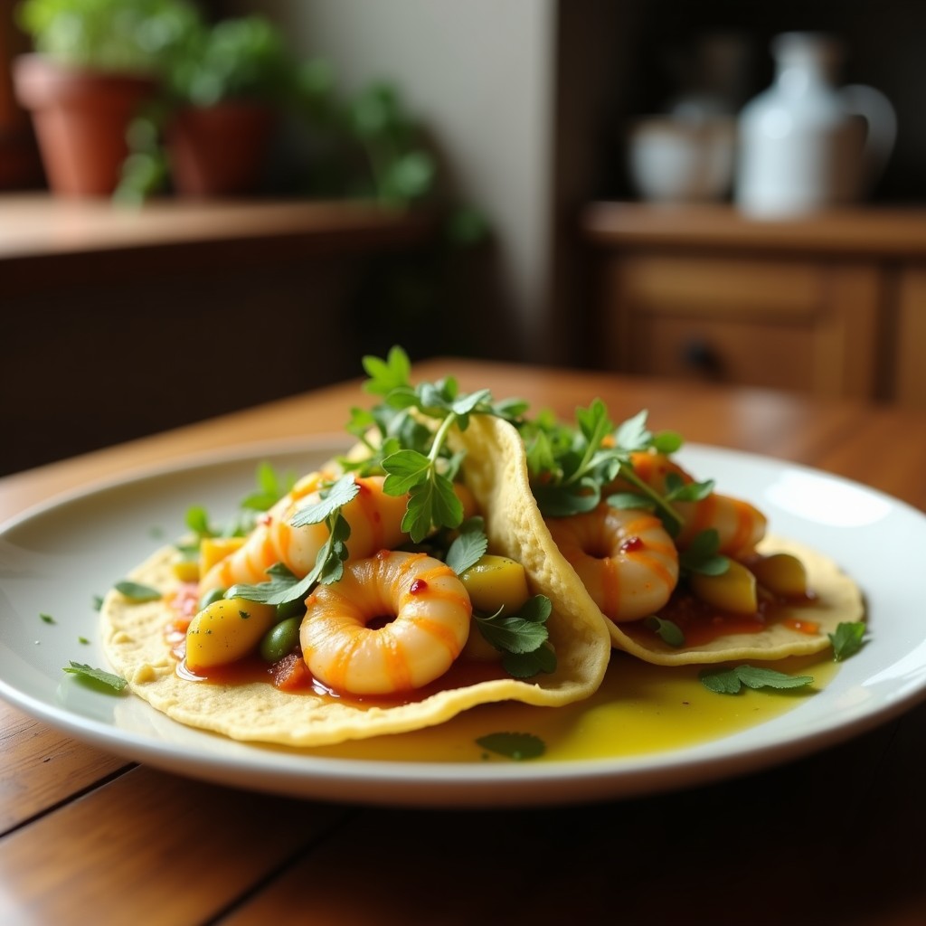 Tacos de maíz dorados rellenos de camarones al moqueca con trozos de mango verde, cebolla morada y pimiento rojo, coronados con una salsa cremosa de leche de coco y galletas Leibniz trituradas. Plato con toque brasileño y tropical, servido en aire libre con fondo de hojas de palma.