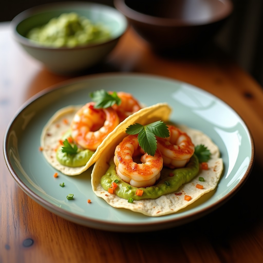 Plato de tacos de maíz azul rellenos de camarones jugosos, puré de aguacate cremoso verde y salsa de maracuyá amarilla brillante, decorados con semillas de sésamo y cilantro fresco, servidos en un plato rústico de barro con fondo de hojas de lechuga.