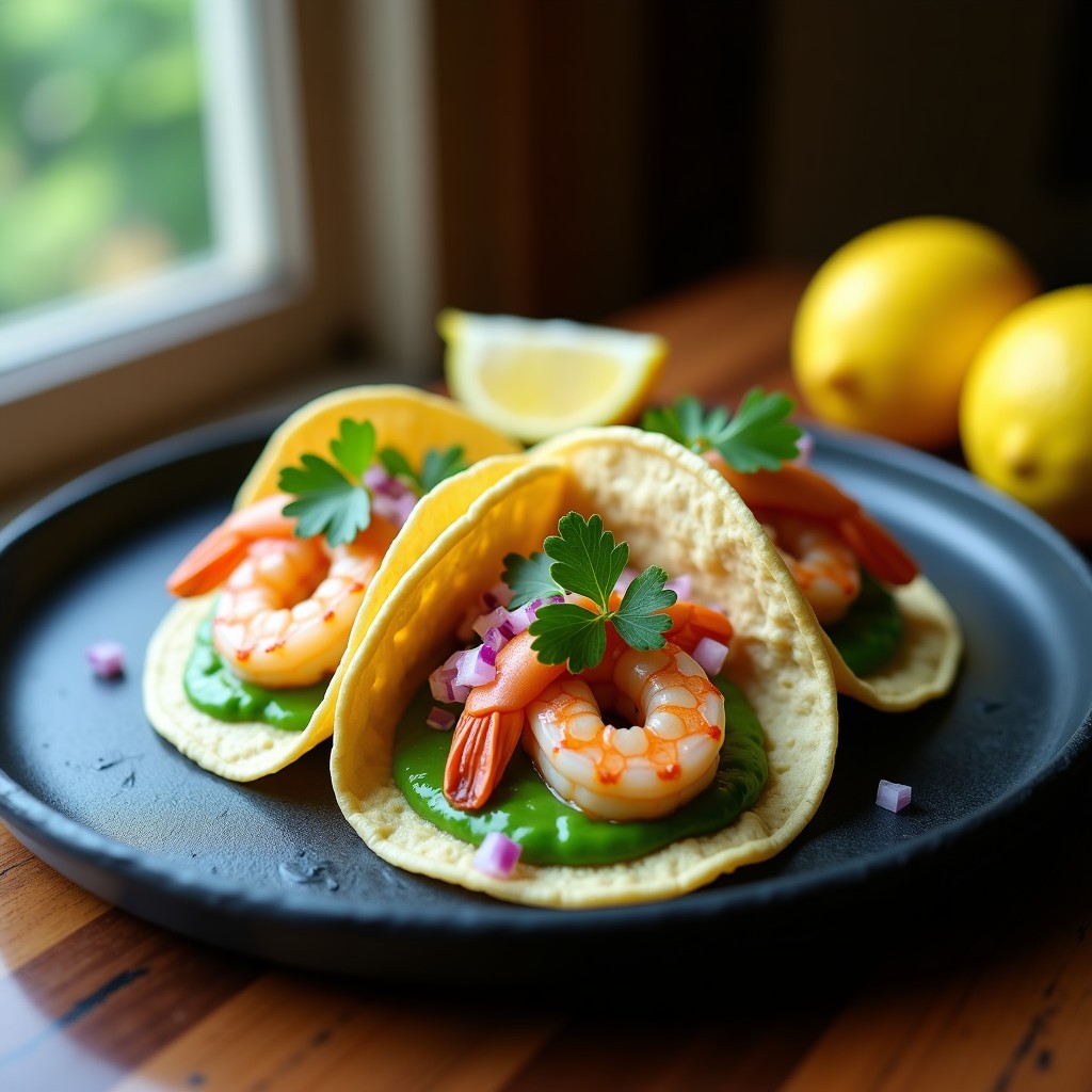 Tacos de Camarones con Puré de Chícharos y Aire de Limón: Receta Gourmet Sin Gluten en Airfryer