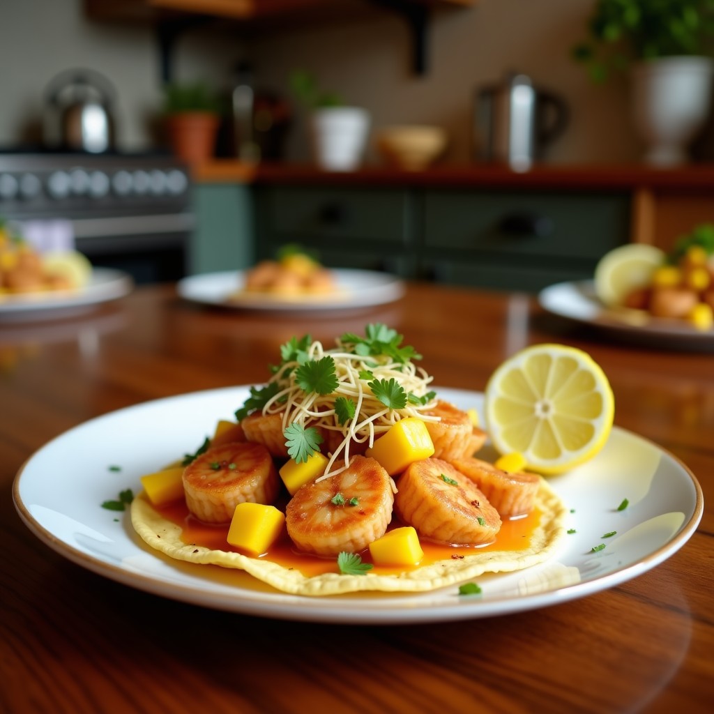 Plato de tacos de camarones con rebozado dorado y crujiente de harina de arroz, acompañados de salsa de mango tailandesa, hojas de lechuga morada y cilantro fresco, servidos en tortillas de maíz. Receta tailandesa crujiente en airfryer.