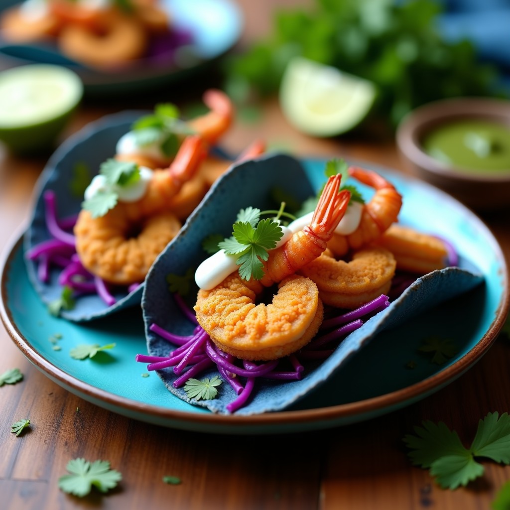 Tacos de camarones con rebozado de maíz azul crujiente en airfryer, servidos en tortillas de maíz azul con repollo morado, cilantro fresco y salsa verde, receta mexicana gluten-free.