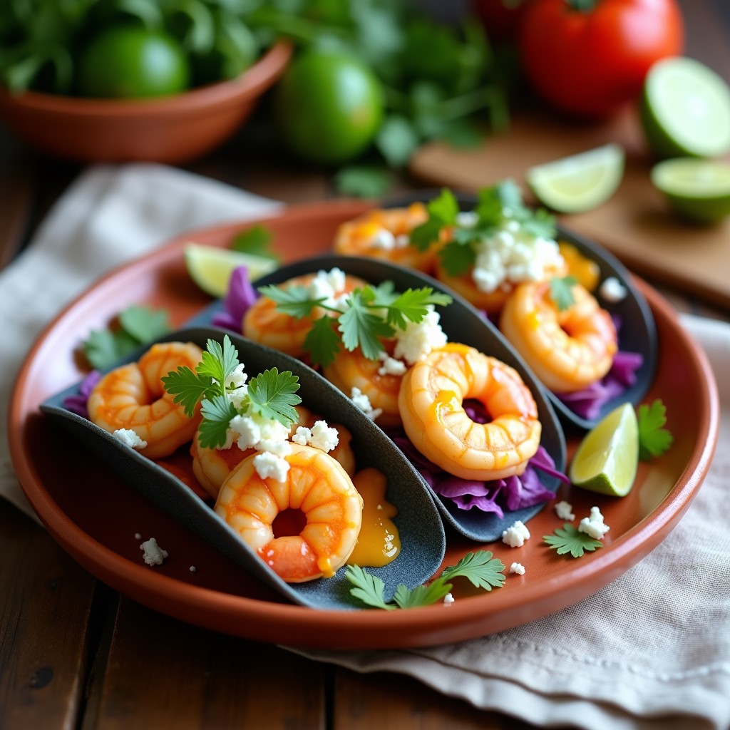 Tacos de camarones gourmet con salsa de aguaymanto peruana, presentados en tortillas de maíz azules con lechuga morada, queso fresco y cilantro fresco, sobre un plato de barro rústico.
