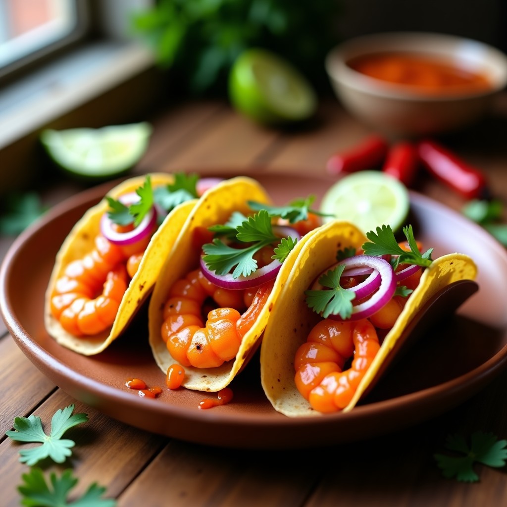 Tacos de maíz azul rellenos de camarones glaseados con salsa de guayaba y chile de árbol, decorados con cebolla morada, cilantro fresco y rodajas de limón sobre un plato de barro rústico, receta mexicana picante.