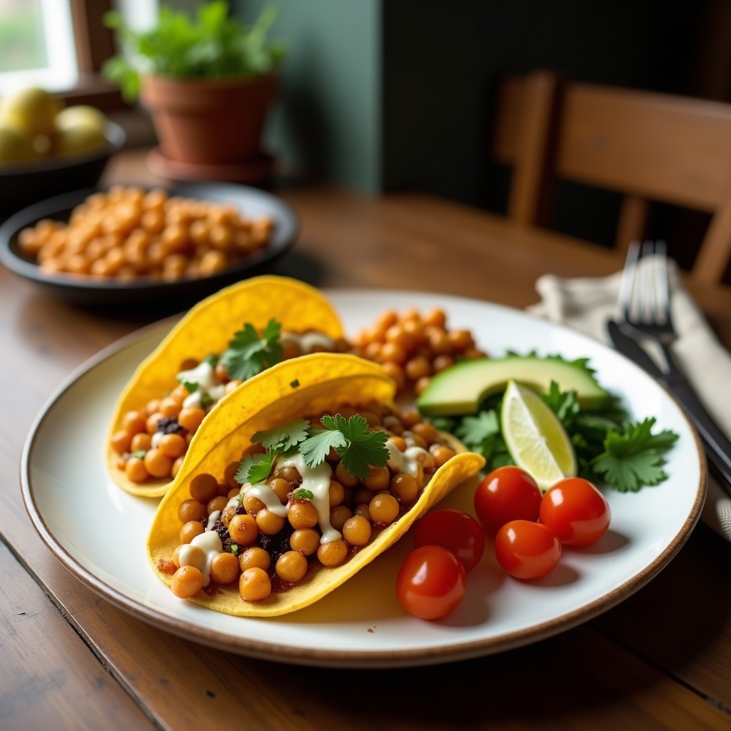 Tacos veganos de camelina y garbanzos crujientes sobre tortillas de maíz azules, acompañados de espinaca morada, cebolla morada en juliana, cilantro fresco y un hilo de salsa cremosa de tahini y limón. Plato colorido y apetitoso con texturas contrastadas.