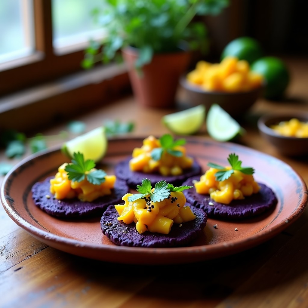 Tacos de camote morado dorado y crujiente en tortillas de maíz azules, coronados con chutney de mango y haba de color amarillo vibrante, espolvoreados con cilantro fresco y semillas de sésamo, sobre un plato de barro rústico con fondo de mesa de madera.
