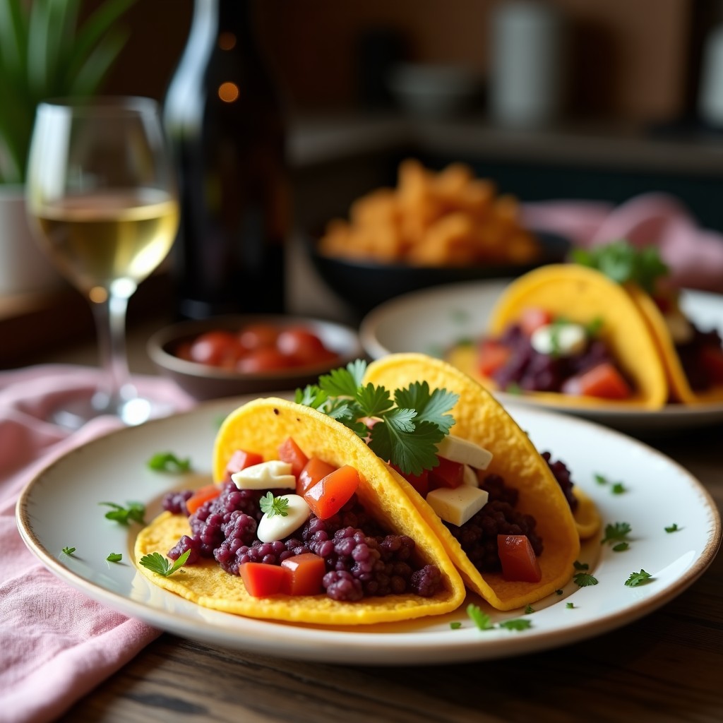 Tacos de camote morado y feta vegana servidos en tortillas de maíz, con bastones crujientes dorados, queso feta desmenuzado, crema de anacardos y cilantro fresco, receta vegana en airfryer sin harina.