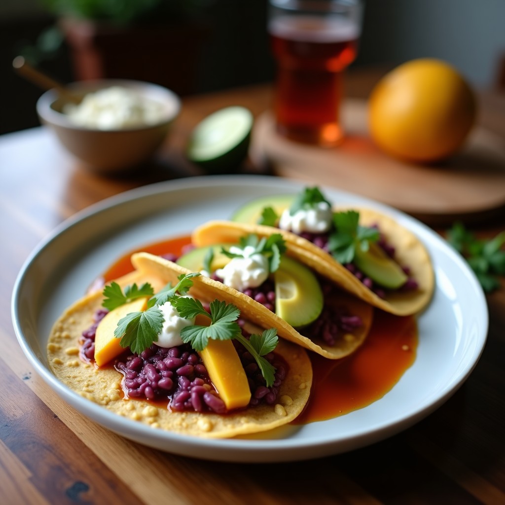 Plato de tacos abiertos de maíz azul con camote morado asado en cubos dorados, feta de almendras cremosa blanca, cebolla morada en juliana, aguacate en cubos verdes y semillas de granada rojas, decorados con hojas de cilantro y un chorrito de aceite de oliva sobre fondo rústico de madera.