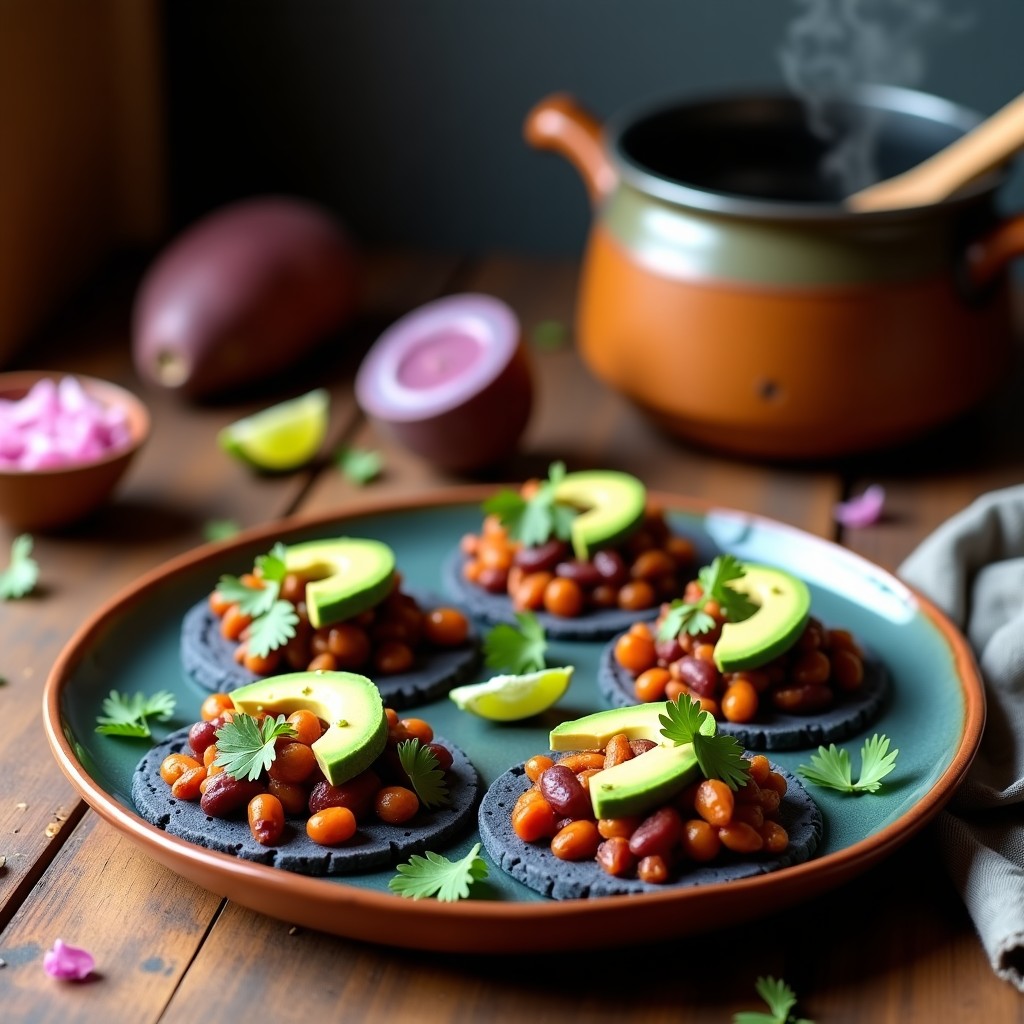 Plato de tacos de camote morado y frijoles charros veganos en tortillas de maíz azules, decorados con aguacate, cilantro y limón, servidos sobre una tabla de madera rústica con fondo de cocina tradicional mexicana.