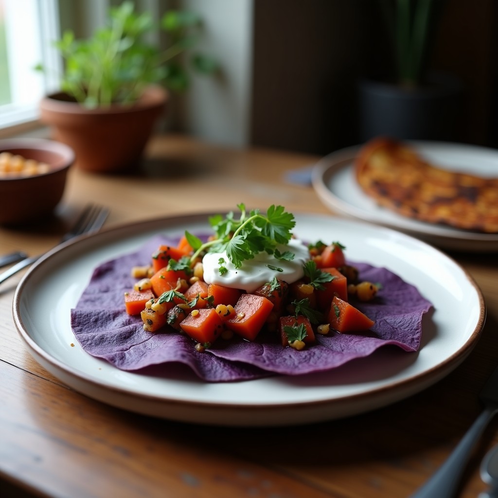Tacos de maíz azul rellenos de bastones dorados de camote morado asado, coronados con guacamole cremoso de piparra, rúcula fresca y semillas de sésamo negro sobre un plato de barro rústico.