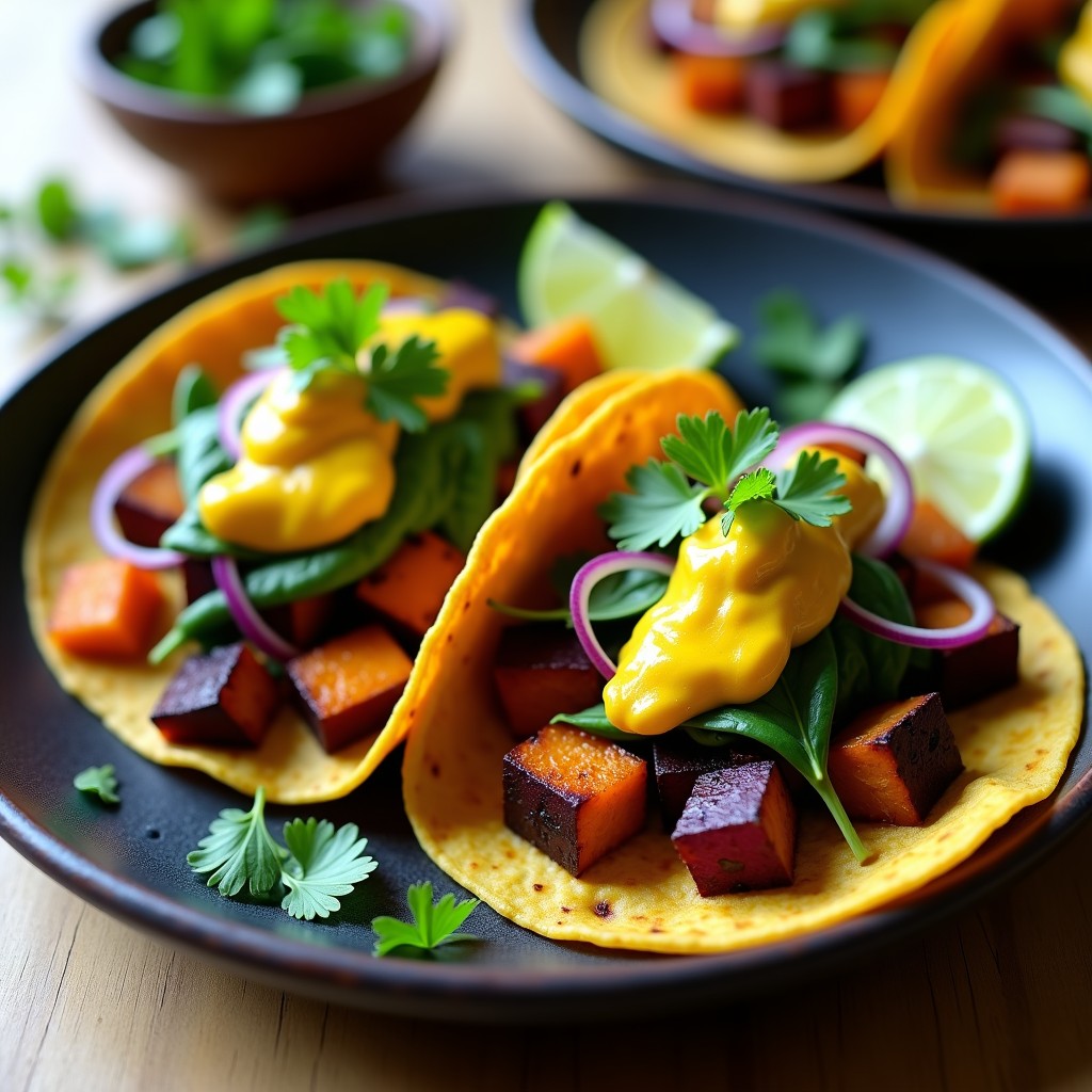 Tacos veganos de camote morado dorado en airfryer, rellenos de queso cremoso de cúrcuma, espinacas frescas, cebolla morada y cilantro, servidos en tortillas de maíz nixtamalizado sobre un plato de barro rústico.