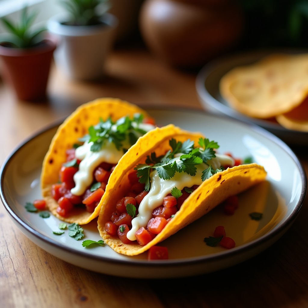 Plato de tacos de camote morado asado y queso fresco vegano en tortillas de maíz azules, decorados con cebolla morada, cilantro y salsa de chile de árbol, sobre un mantel rústico de tela de algodón con fondo de madera oscura.