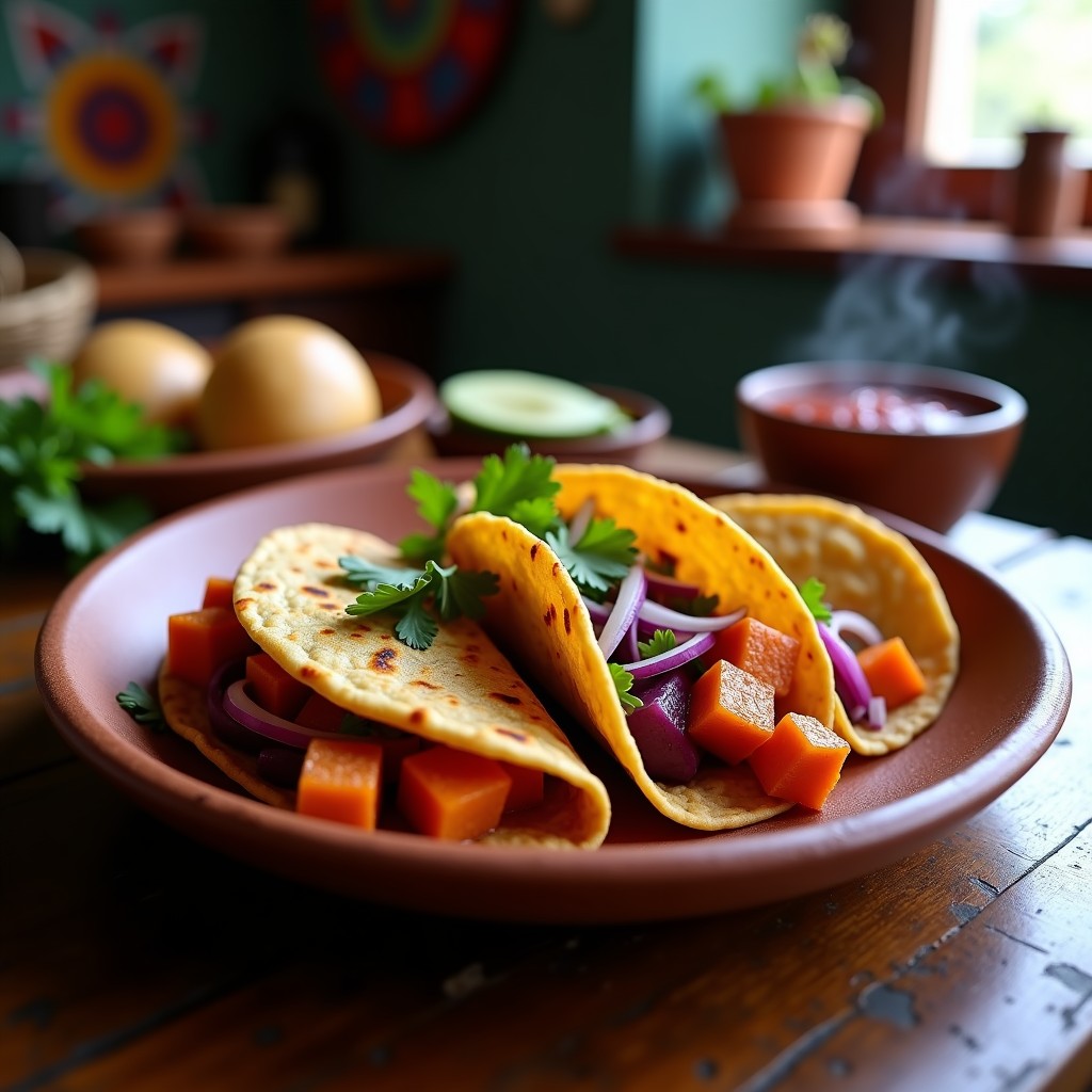 Tacos dorados de camote morado y queso panela servidos en un plato de barro, con cebolla morada y cilantro fresco, receta mexicana en airfryer sin harina.