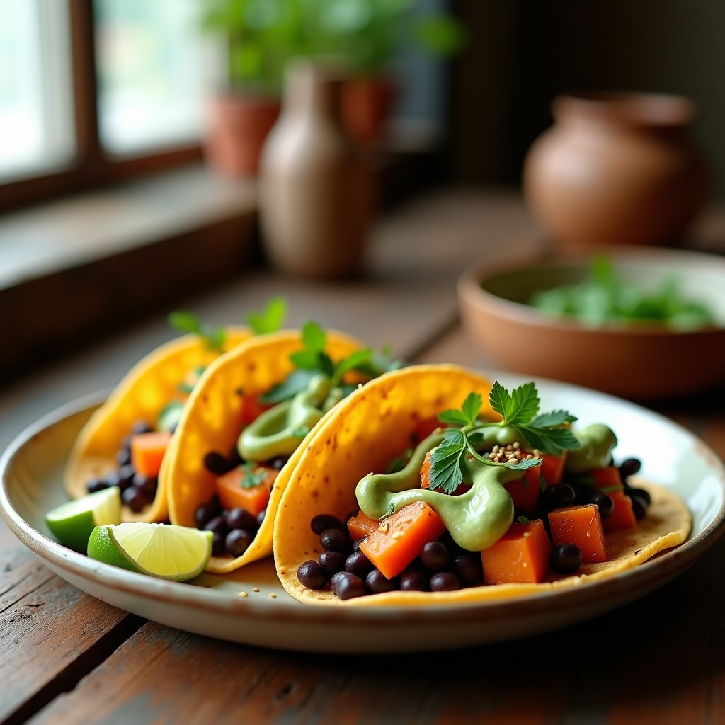 Plato colorido con tacos de tortillas de maíz azules rellenos de camote rosa asado en cubos y frijoles negros, bañados con una crema verde de cilantro y lima. Decorados con semillas de sésamo tostadas y servidos sobre un mantel rústico de lino.