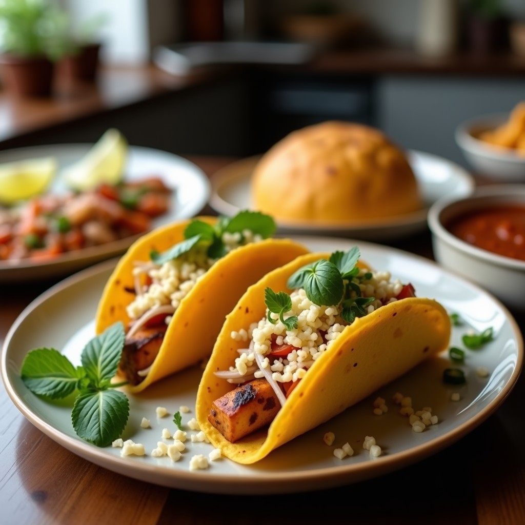 Plato de tacos de maíz azul rellenos de salmón ahumado, aguacate en cubos, cebolla morada y salsa cremosa de camu camu, decorados con semillas de sésamo y cilantro fresco sobre una tabla de madera rústica.