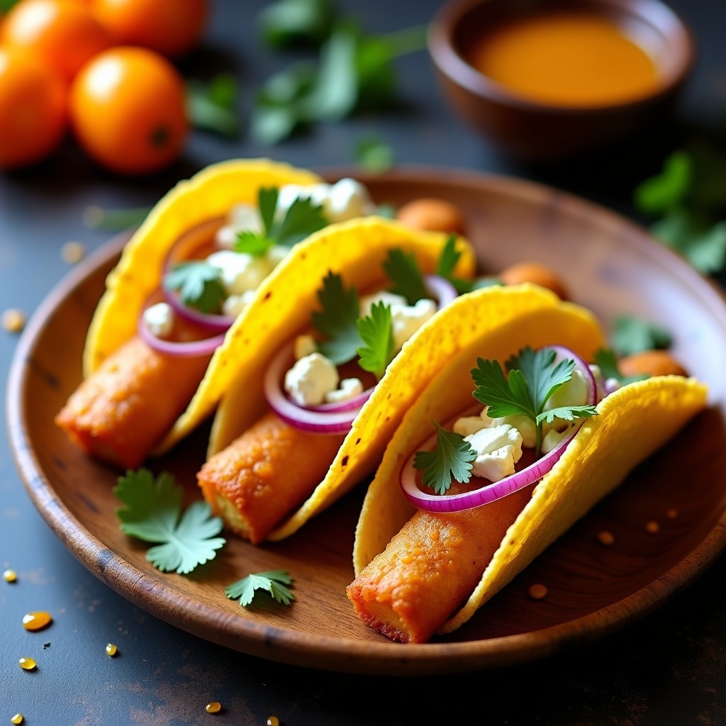 Tacos de maíz rellenos de camusiza dorada y crujiente, queso feta desmenuzado y cebolla morada, bañados con salsa de uvilla de color ámbar. Plato rústico de madera con hojas de cilantro fresco como decoración, receta peruana saludable en airfryer.