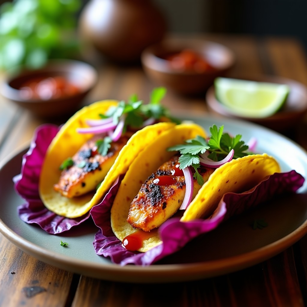 Tacos abiertos de tortilla de maíz azul rellenos de caña de maíz tierno dorado, pescado a la talla desmenuzado, cebolla morada, cilantro y crema agria, servidos en plato de barro con fondo de hoja de plátano, receta costera mexicana.