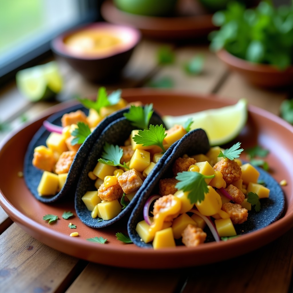 Tacos de maíz azules rellenos de cangrejo dorado, aguacate en cubos y cebolla morada, bañados en salsa de maracuyá amarilla vibrante, servidos en un plato de barro con fondo de cocina costeña.