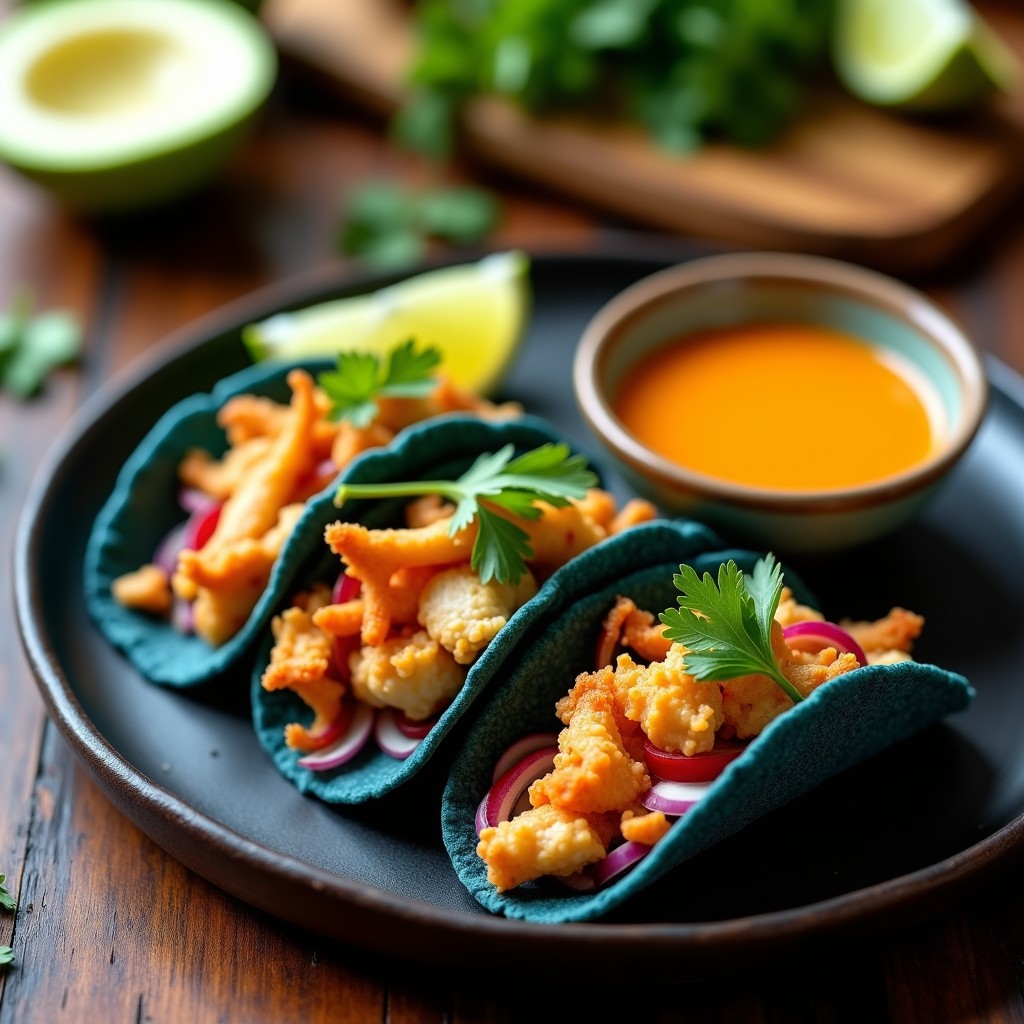 Tacos dorados y crujientes de cangrejo azul en tortillas de maíz azules, servidos en un plato de madera con salsa de mango habanero de color naranja vibrante, cebolla morada en juliana y hojas de cilantro fresco. Receta viral en airfryer con toque caribeño.