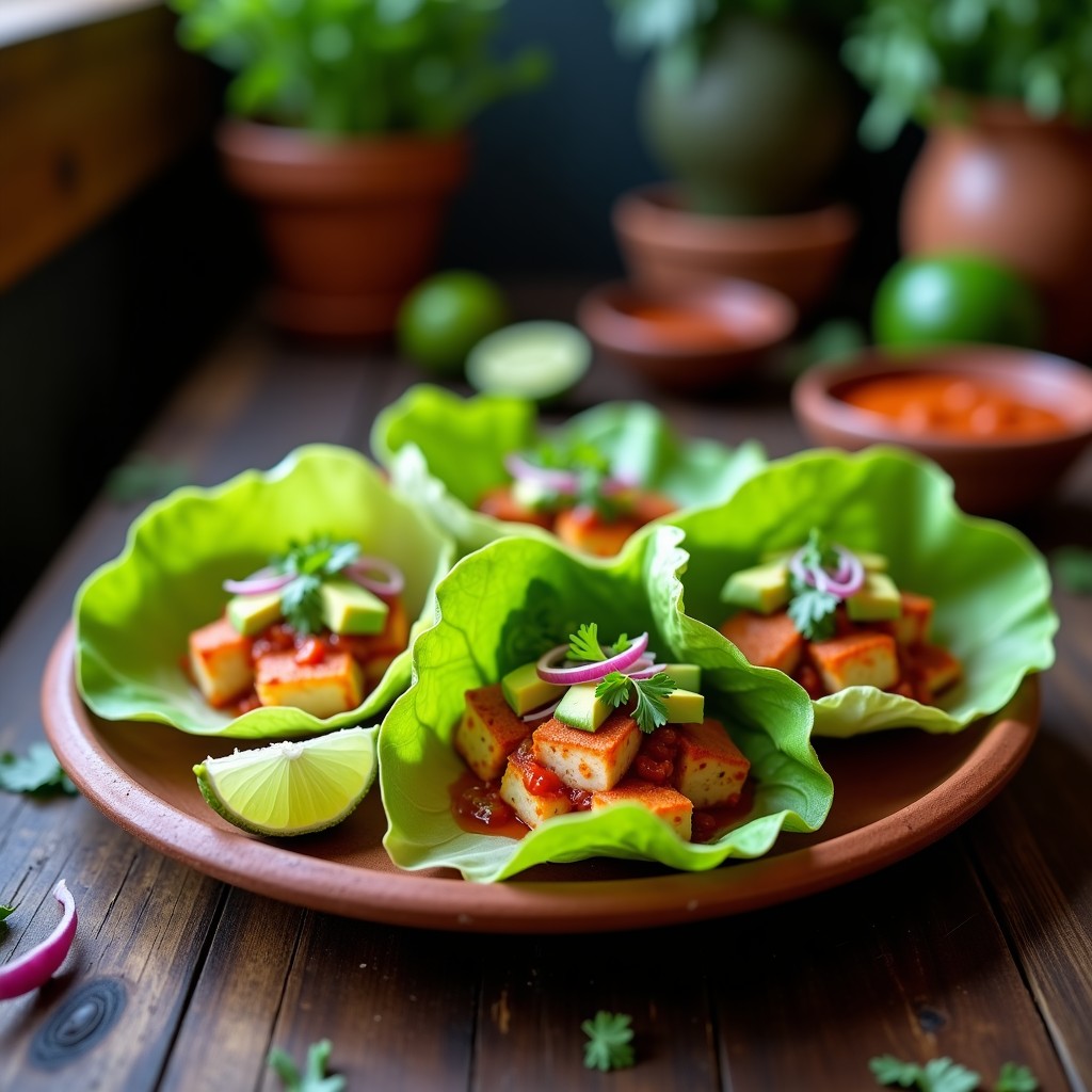 Tacos de cangrejo con salsa de chile de árbol y lima servidos en hojas de lechuga romana, acompañados de aguacate en cubos y cilantro fresco, sobre un plato de barro rústico con fondo de madera oscura.