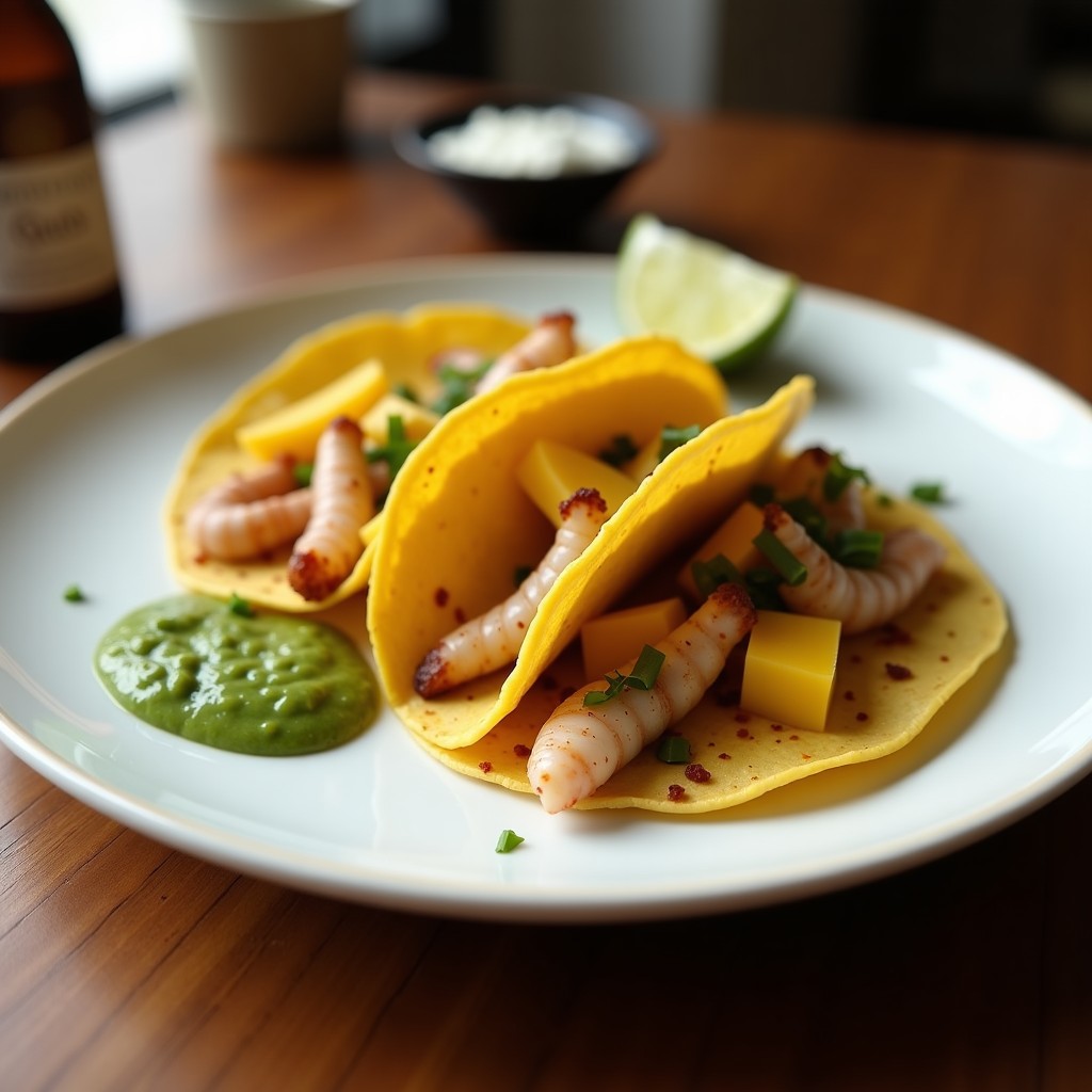 Plato de tacos abiertos de maíz rellenos de cangrejo troceado, mango en cubos, aguacate en láminas y salsa verde, decorados con cilantro fresco sobre una mesa rústica de madera.