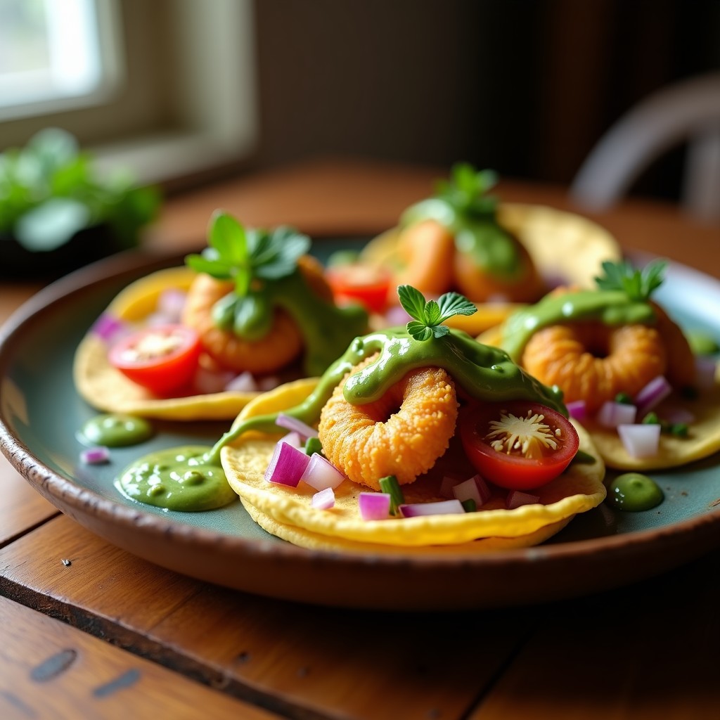 Plato de tacos de caracoles de mar dorados y crujientes sobre tortillas de maíz, bañados con salsa mojo verde vibrante. Acompañados de cebolla morada y tomate cherry picados. Receta canaria tradicional en airfryer.