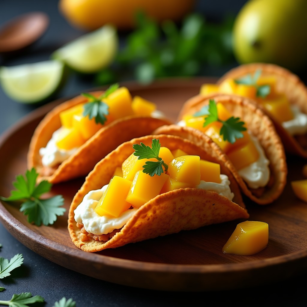 Tacos dorados de carimañola rellenos de queso de cabra cremoso, acompañados de trozos de mango en escabeche brillante, servidos en un plato de madera con hierbas frescas y limón.