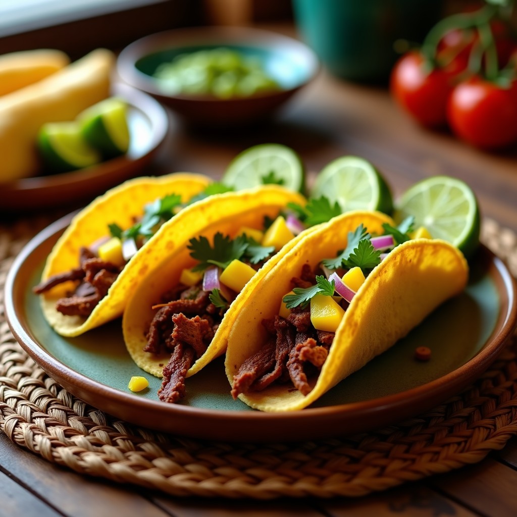 Tacos de maíz dorados rellenos de carne de res deshidratada crujiente y trozos de mango verde fresco con cebolla morada y cilantro, servidos en un plato rústico de barro. Receta mexicana alta en proteína preparada en airfryer.